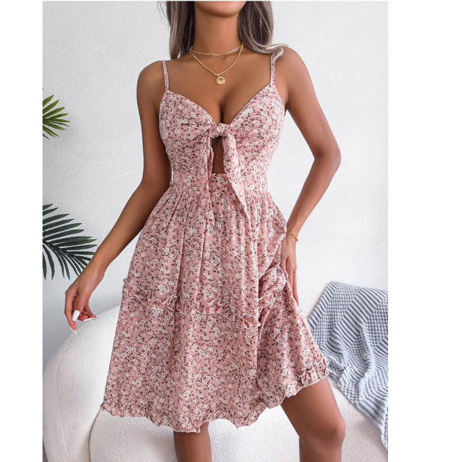 Casual Floral Bow Ruffle Edge Strap Dress