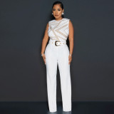 Women Round Neck Sleeveless Beaded Loose Wide Leg Jumpsuit