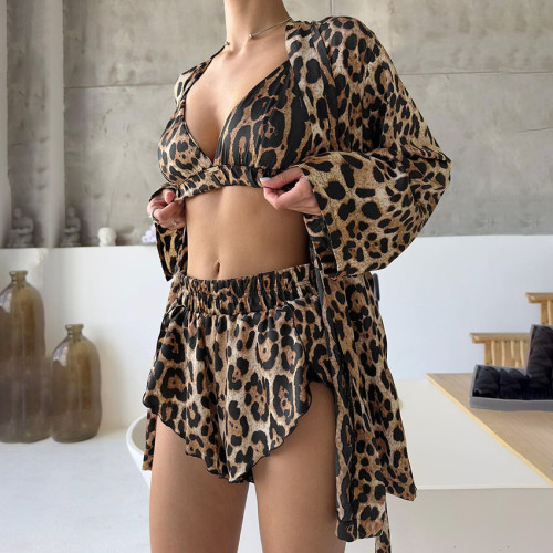 Chic Leopard Print Thin Sleeve Bandeau Top & Shorts 3 Piece Set