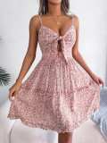 Casual Floral Bow Ruffle Edge Strap Dress