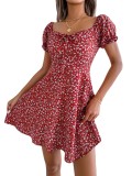 Women Casual Bell Bottom Sleeve Drawstring Floral Dress