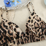 Chic Leopard Print Thin Sleeve Bandeau Top & Shorts 3 Piece Set