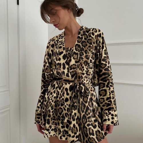 Chic Leopard Print Thin Sleeve Bandeau Top & Shorts 3 Piece Set