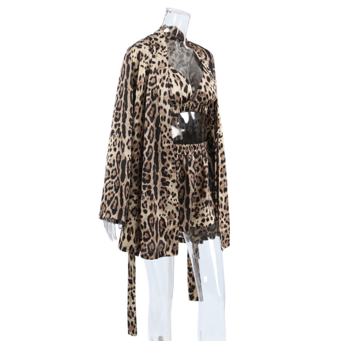 Chic Leopard Print Thin Sleeve Bandeau Top & Shorts 3 Piece Set