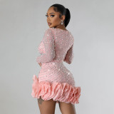 Women Beaded Long Sleeve Square Neck Dress
