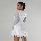 Women Beaded Long Sleeve Square Neck Dress