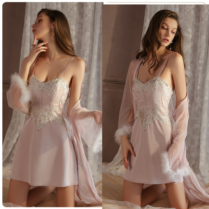 Captivating Satin Deep V-Neck Lace Allure and Padded Bust Lace Trimmed Robe