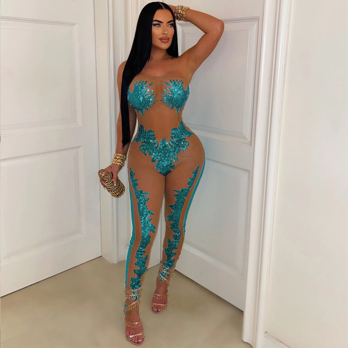 Captivating Mesh See-Through Beaded Bandeau Jumpsuit