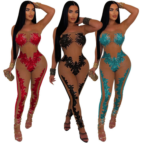 Captivating Mesh See-Through Beaded Bandeau Jumpsuit