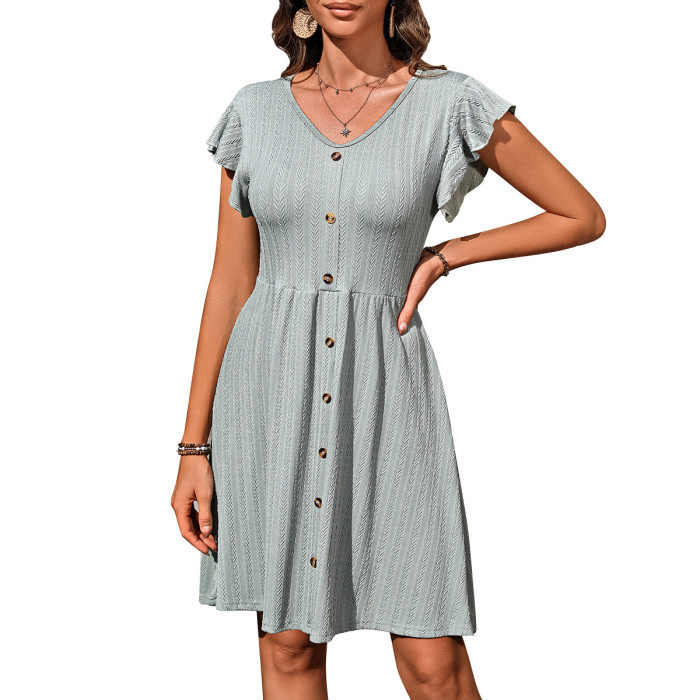 Unique Round Neck Button Waist Stretch women skirt Short Sleeve Dress