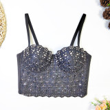 Sparkling Rhinestone Embellishments Lace Halter Top for women