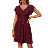 Unique Round Neck Button Waist Stretch women skirt Short Sleeve Dress