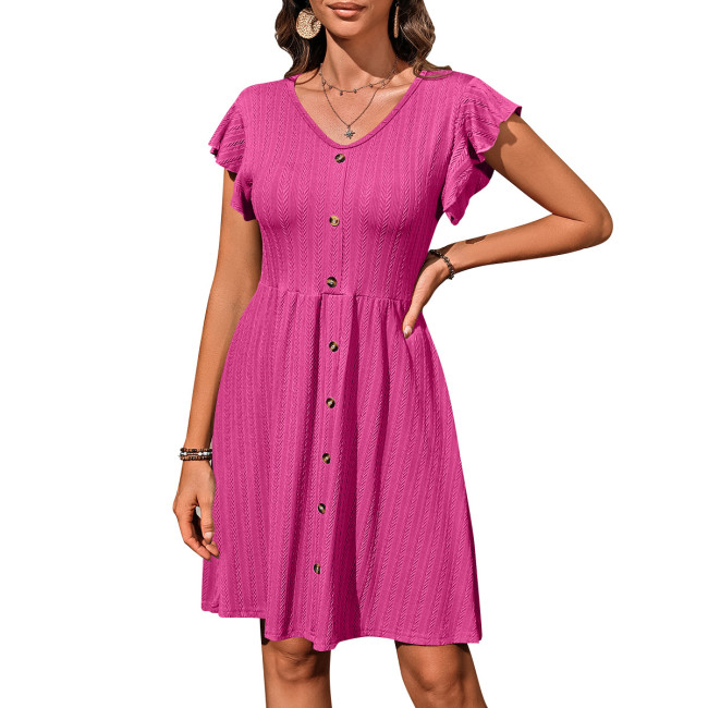 Unique Round Neck Button Waist Stretch women skirt Short Sleeve Dress