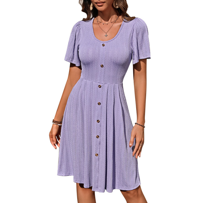 Women's Round Neck women skirt Stretch Casual Temperament Short Sleeve Dress
