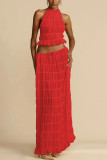 Alluring Backless Halter-Neck Ruffle Lace-Trim Maxi Dress Set