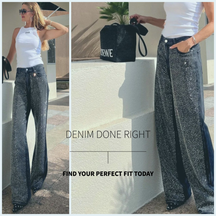 Wide Leg Black Loose Rhinestone Embellished Denim Pants for women jeans