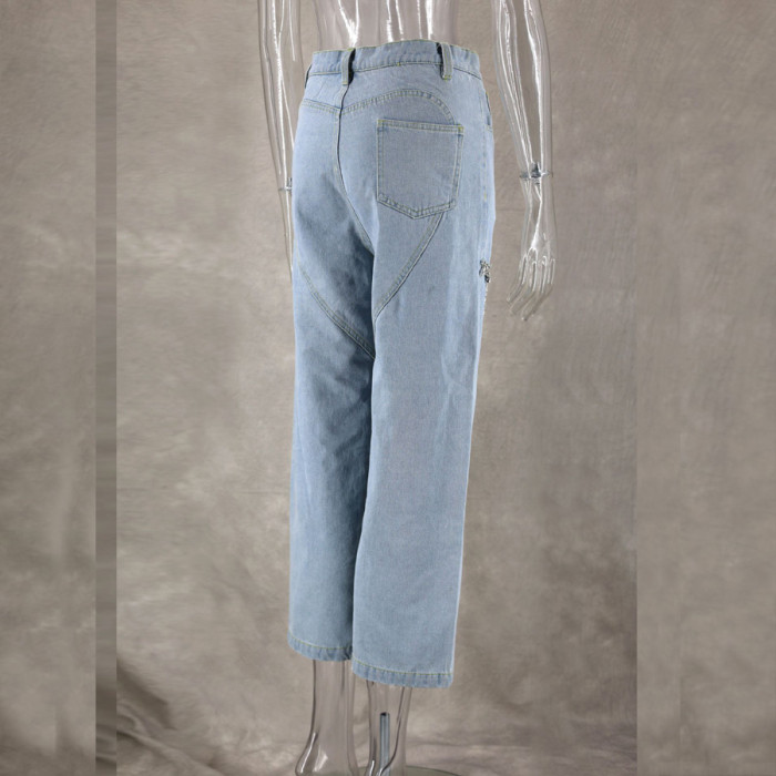 diamond angel eyes design Wide Leg Loose straight trousers Denim Pants for women jeans