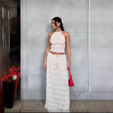 Alluring Backless Halter-Neck Ruffle Lace-Trim Maxi Dress Set