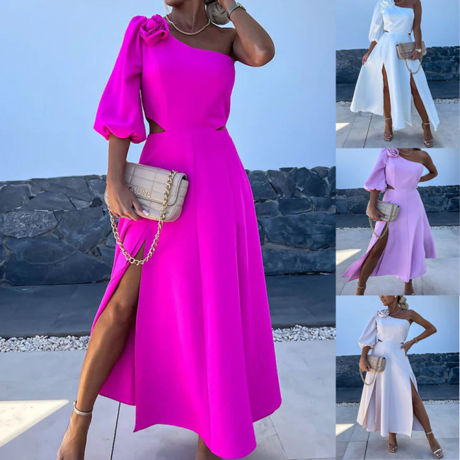 Elegant Dual-Layer Satin Slit Shoulder Cocktail Dress