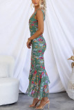 Chic Floral Print Sleeveless Zip-up Bodycon Dress