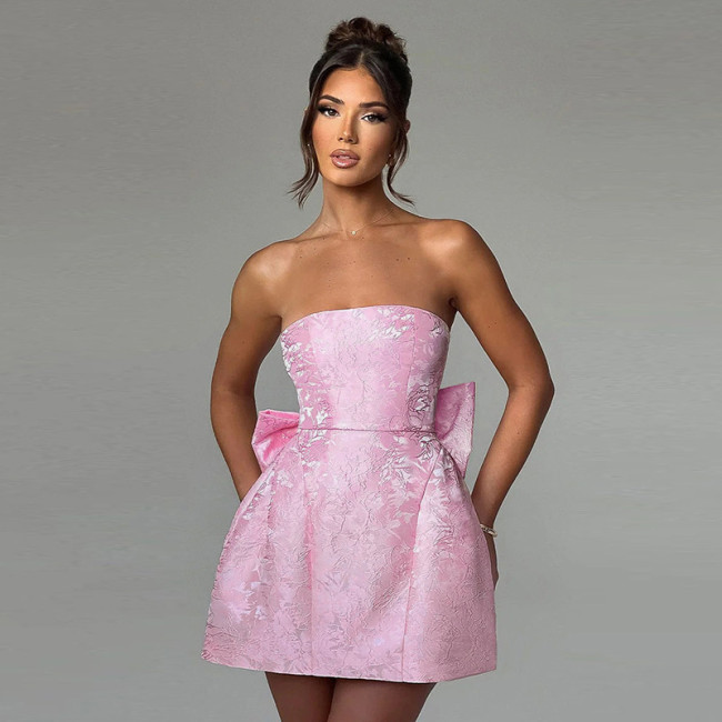 Chic & Elegant Butterfly-Knot Mini Dress with Jacquard Pattern