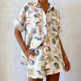 Unique Fish Print Short Sleeve Vacation Style Drawstring Set