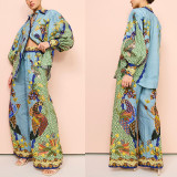 Unique Personality Print Ruffle Sleeve Vacation Casual Set