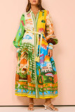 Unique Printed Open Front Tie Dye Maxi Dress with Long Sleeves