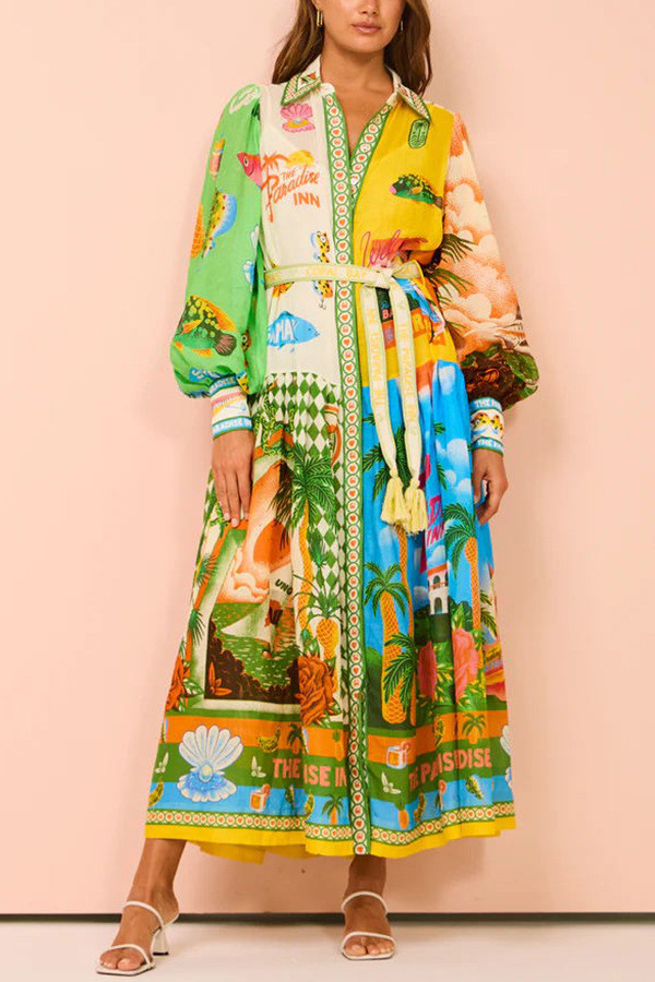 Unique Printed Open Front Tie Dye Maxi Dress with Long Sleeves