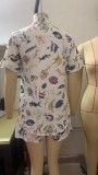 Unique Fish Print Short Sleeve Vacation Style Drawstring Set