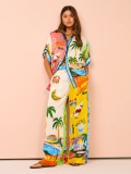 Vibrant Printed Short-Sleeve Color-Block Vacation Casual Drawstring Set