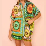 Floral Print Linen Relaxed Casual Shorts 2 Piece Set