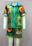 Floral Print Linen Relaxed Casual Shorts 2 Piece Set