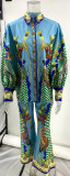 Unique Personality Print Ruffle Sleeve Vacation Casual Set