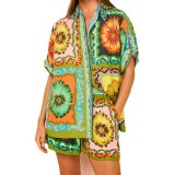 Floral Print Linen Relaxed Casual Shorts 2 Piece Set