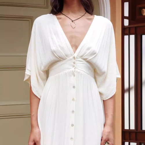 Summer Leisure Solid Color Loose V-Neck Single-Breasted Short-Sleeve Dress