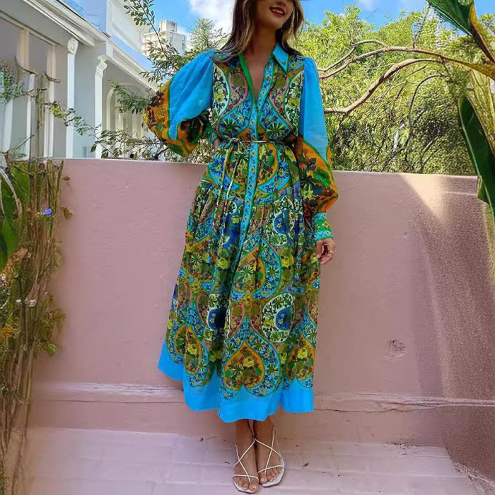 Floral Pattern Tie-Waist Maxi Dress with Oversized Collar and Long Sleeves