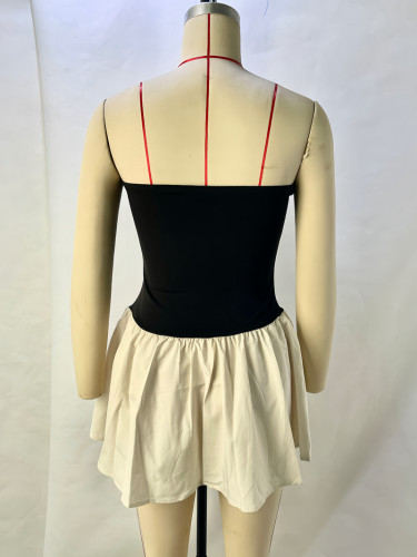 One-Shoulder Color Block Pleated Bodycon Mini Dress