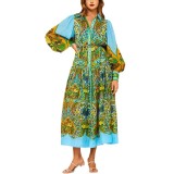 Floral Pattern Tie-Waist Maxi Dress with Oversized Collar and Long Sleeves