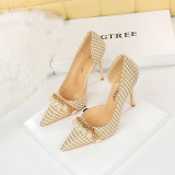 Unique Pearl Metal Chain Shallow-Mouth Latticed High-Heel Pumps with Lattice Pattern Cutouts