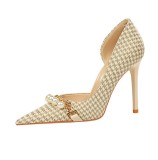 Unique Pearl Metal Chain Shallow-Mouth Latticed High-Heel Pumps with Lattice Pattern Cutouts
