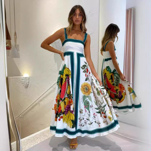 Floral Print Backless Spaghetti Strap Loose Maxi Dress