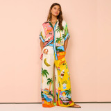 Vibrant Printed Short-Sleeve Color-Block Vacation Casual Drawstring Set