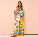 Vibrant Printed Short-Sleeve Color-Block Vacation Casual Drawstring Set