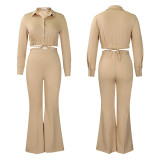 IHOOV Chic Solid Color Collared Blouse and High-Waisted Flared Pants Set