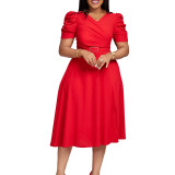 Elegant V-Neck Pleated Midi Dress