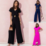 Ihoov Chic V-Neck Waisted Short-Sleeve Casual Wide-Leg women Jumpsuit