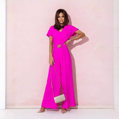 Ihoov Chic V-Neck Waisted Short-Sleeve Casual Wide-Leg Jumpsuit