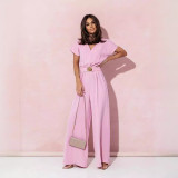 Ihoov Chic V-Neck Waisted Short-Sleeve Casual Wide-Leg women Jumpsuit