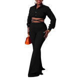 IHOOV Chic Solid Color Collared Blouse and High-Waisted Flared Pants Set